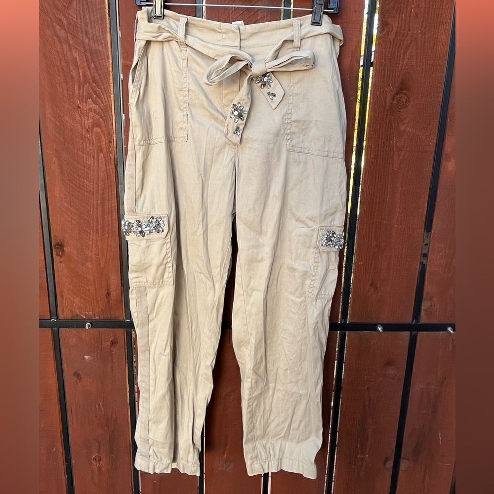 Chico’s Casual Jeweled Linen Cargo Khaki Cropped Pants - Picture 2 of 7